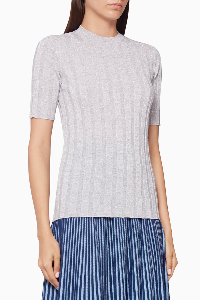

Lurex Knit Short-Sleeved Sweater, Silver