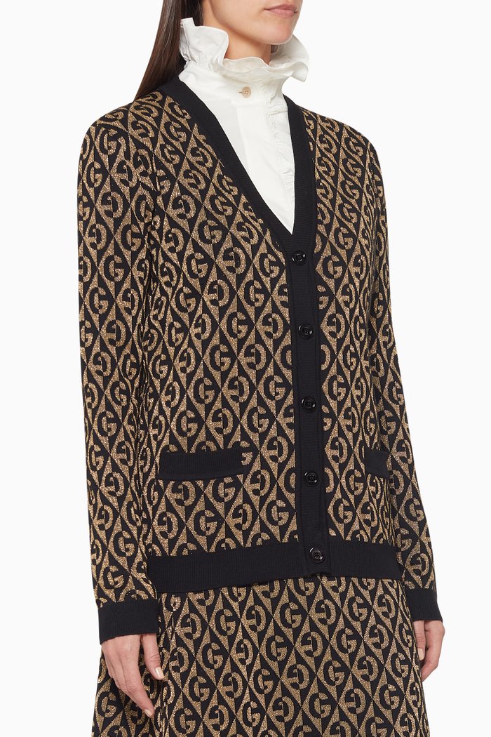 

GG Rhombus Lamé Wool Jacquard Cardigan, Black