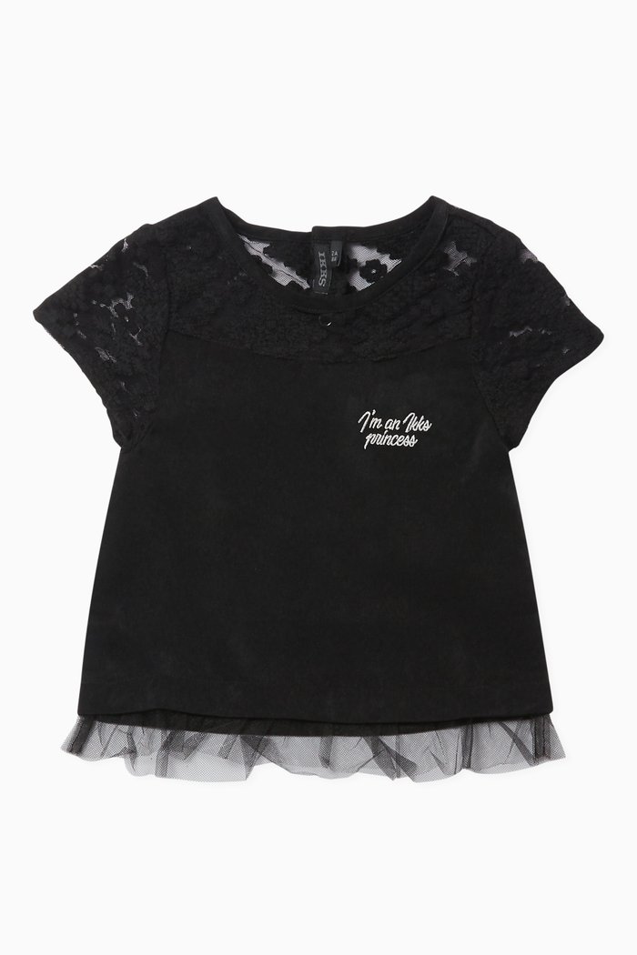 Embroidered Lace Mesh Hem Top, Black