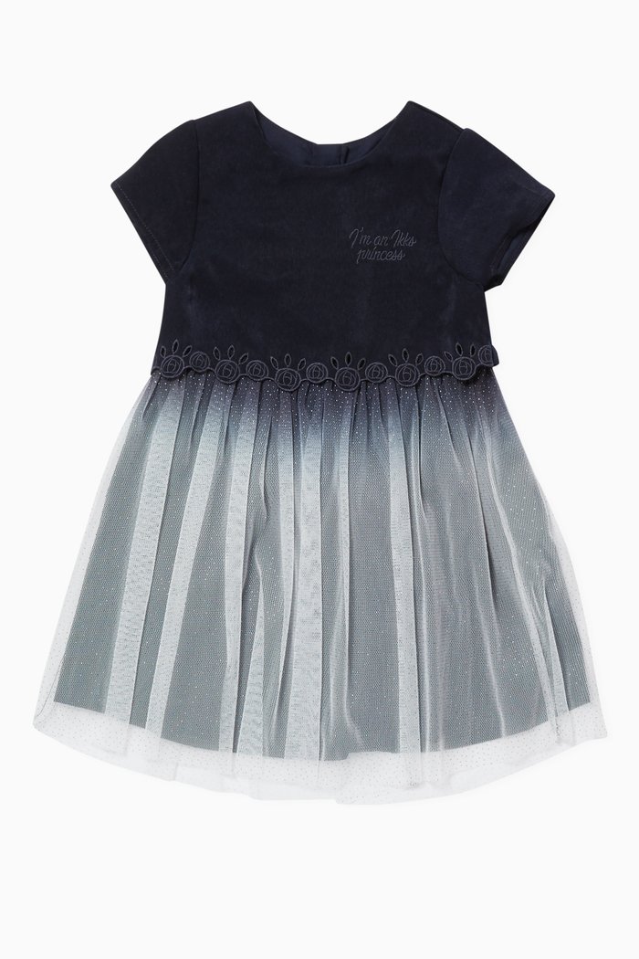 

Mixed-Fabric Spotted Dress, Blue