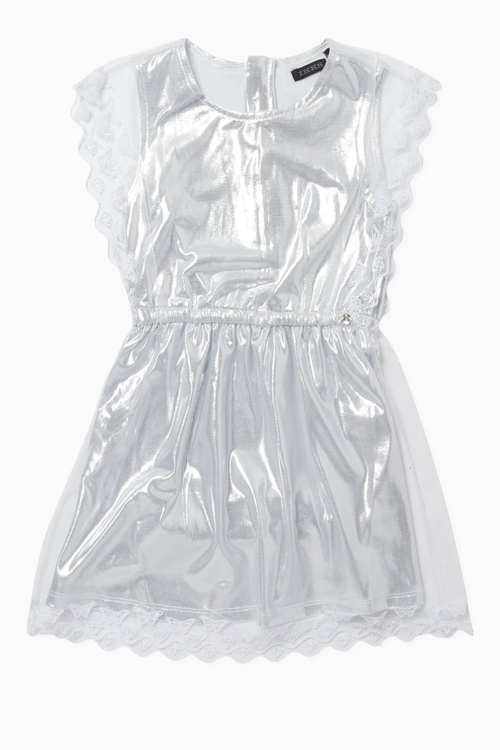 Mesh-Overlay Scalloped-Edges Dress, White