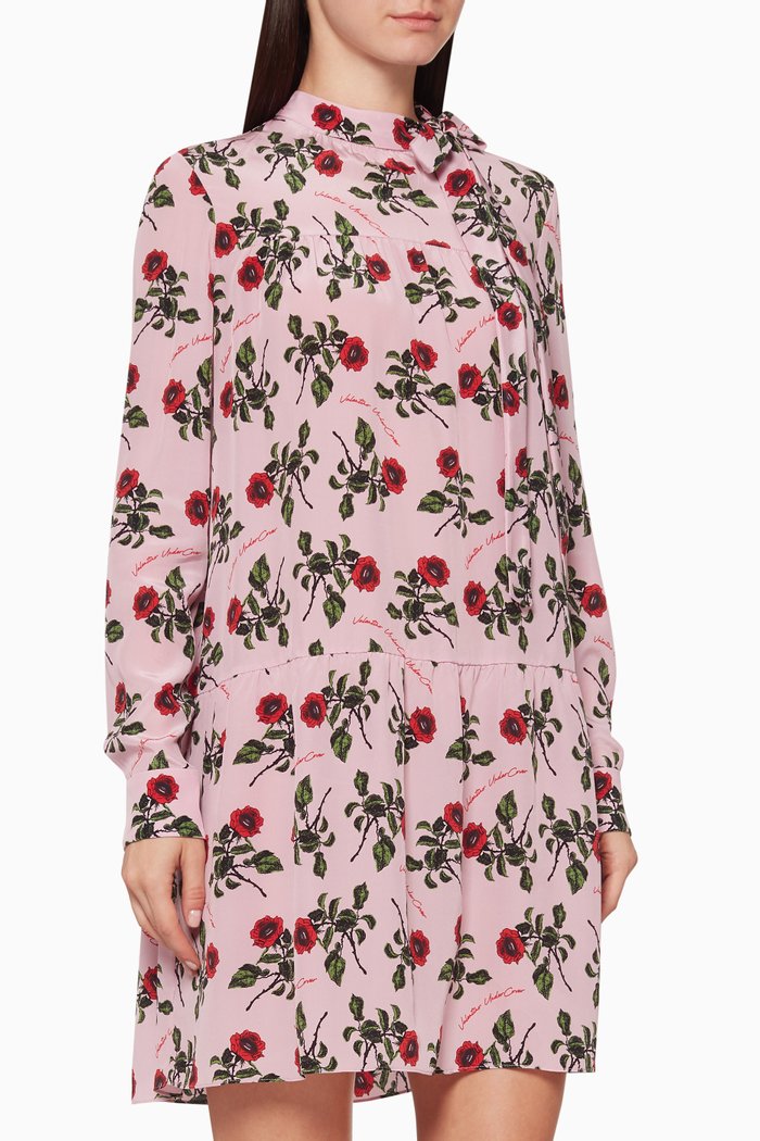 

Logo & Rose-Print Silk Mini Dress, Pink