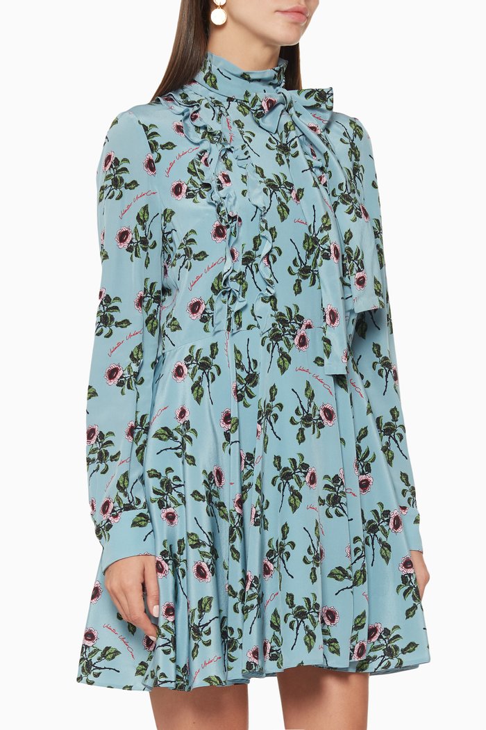 

Rose Print & Lipstick Logo Silk Dress, Blue