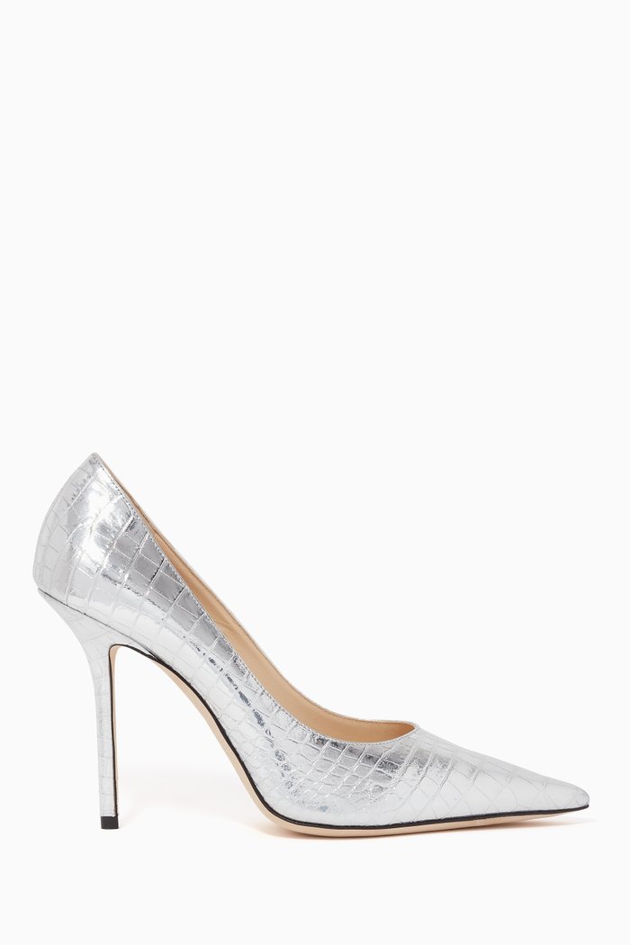 

Love 100 Metallic Crocodile-Embossed Leather Pumps, Silver