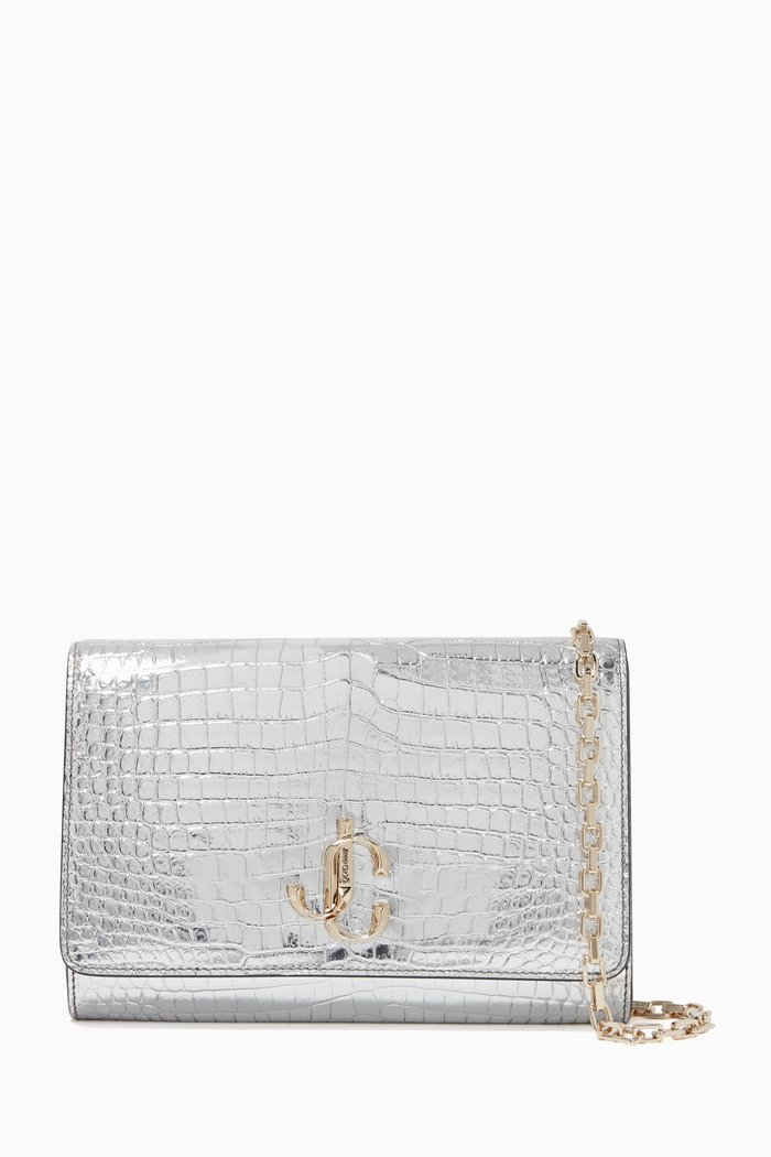 

Varenne Metallic Crocodile-Embossed Clutch Bag, Silver