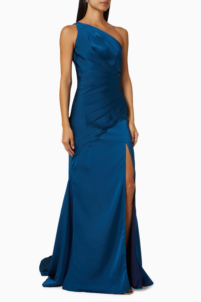 Carol One Shoulder Gown in Satin, Blue