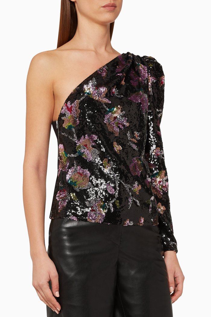 

One-Shoulder Midnight Bloom Sequin Top, Multicolour