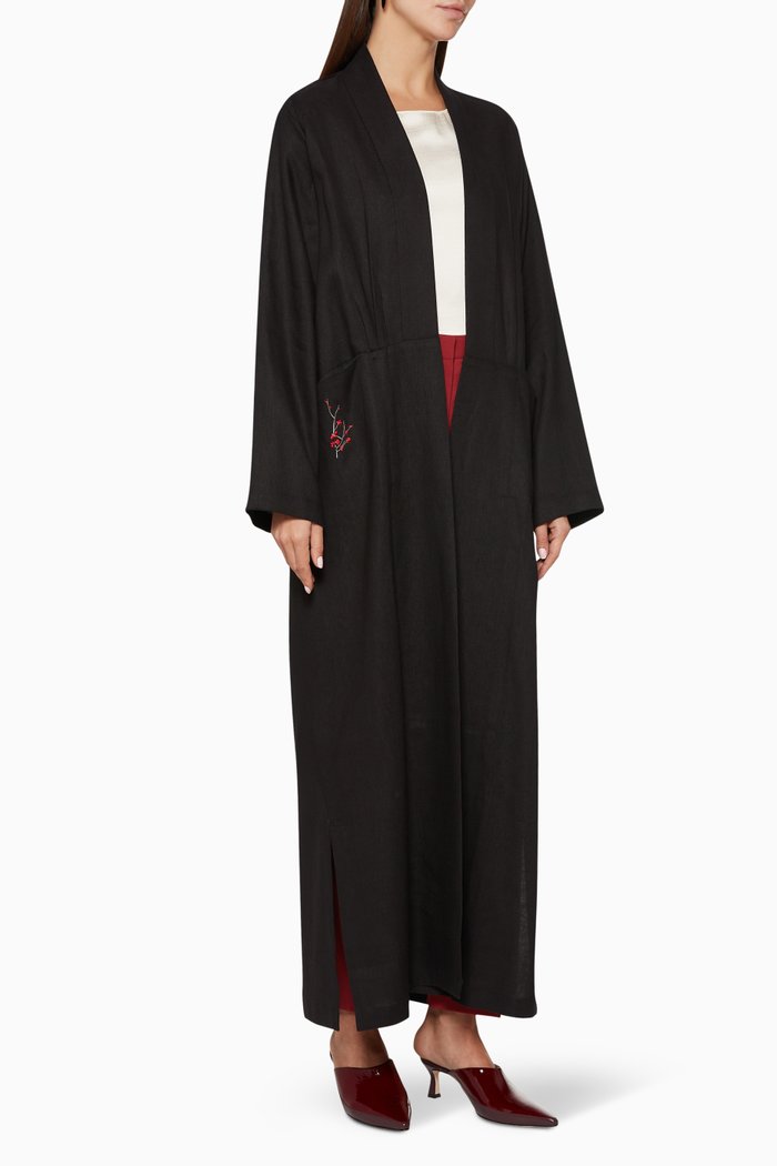 

Embroidered Open Front Coat Abaya, Black