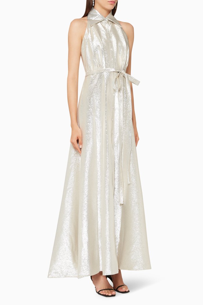 

Metallic Halter Shirt Dress, Silver