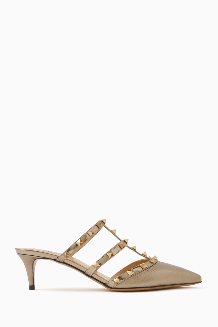 

Valentino Garavani Rockstud Caged Mules in Metallic Grained Leather, Gold