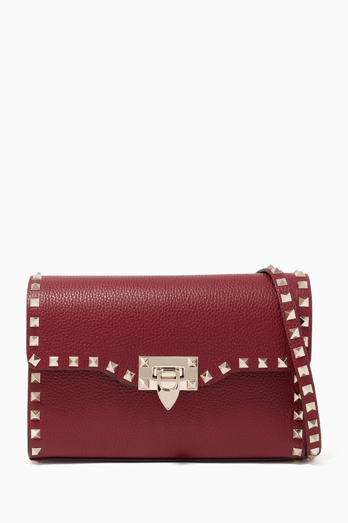 Valentino Garavani Small Rockstud Crossbody Bag in Grainy Leather, Burgundy