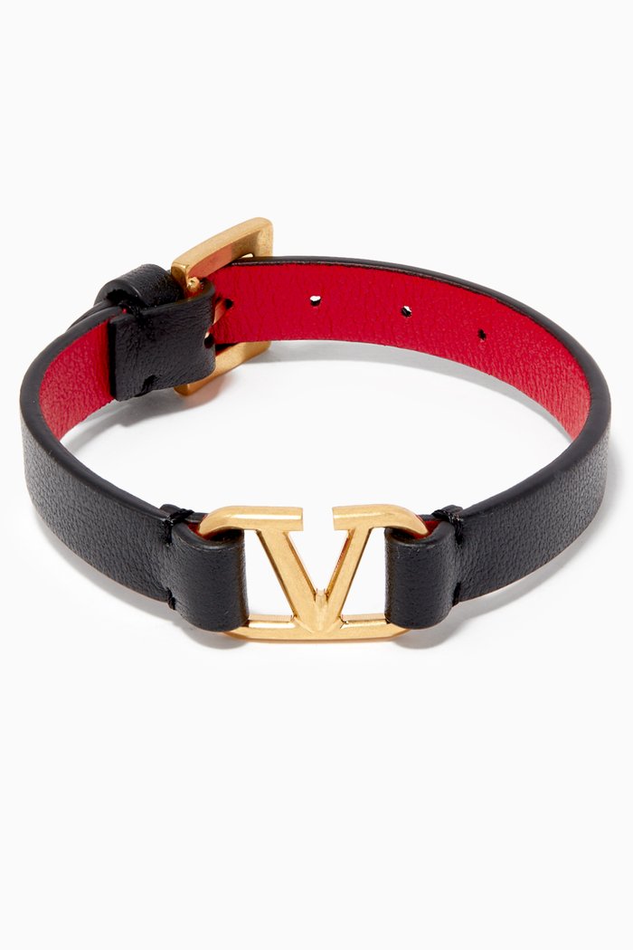 

V Logo Leather Bracelet, Black