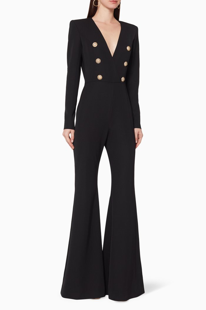 

Button-Embellished Flared-Leg Jumpsuit, Black