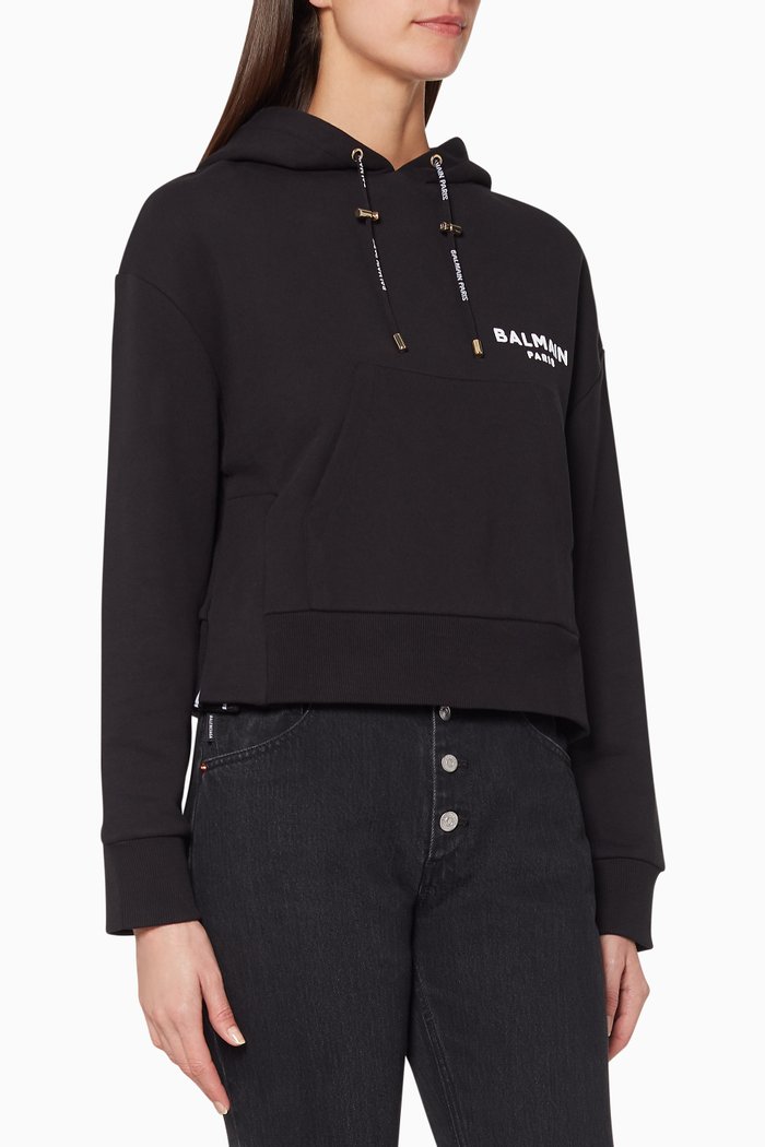 Flocked Logo Cropped Hoodie, Black