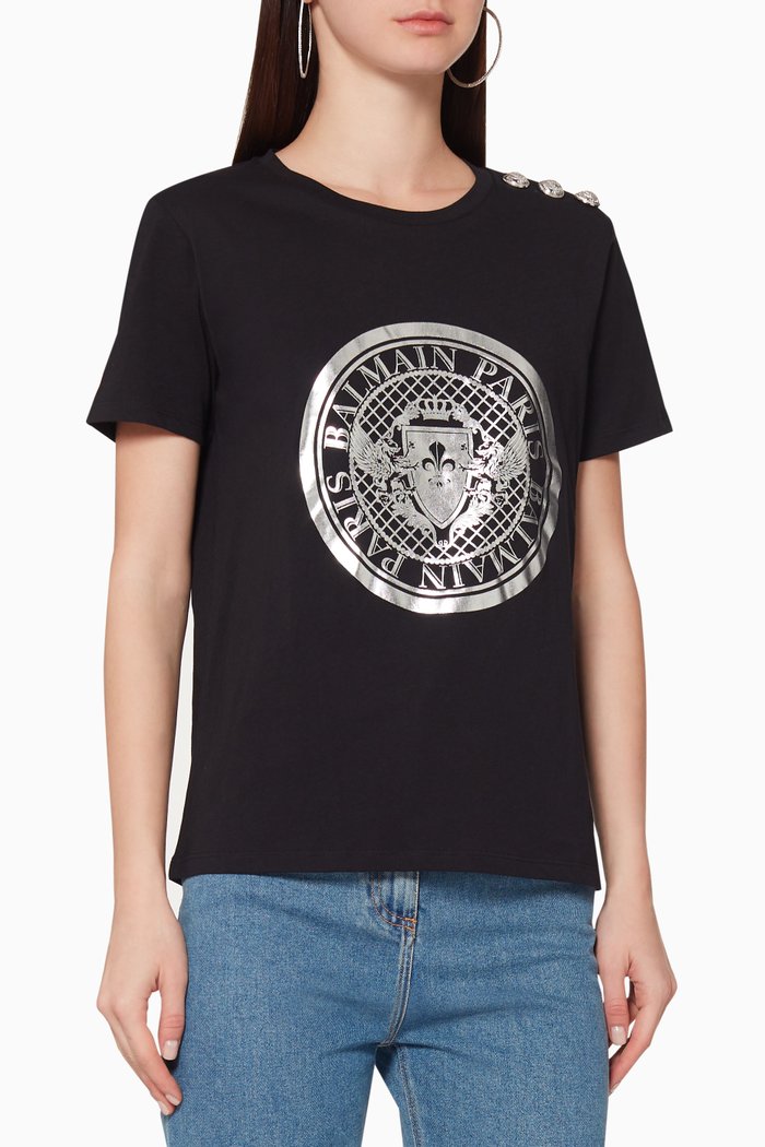 

Medallion-Print Buttoned T-Shirt, Black