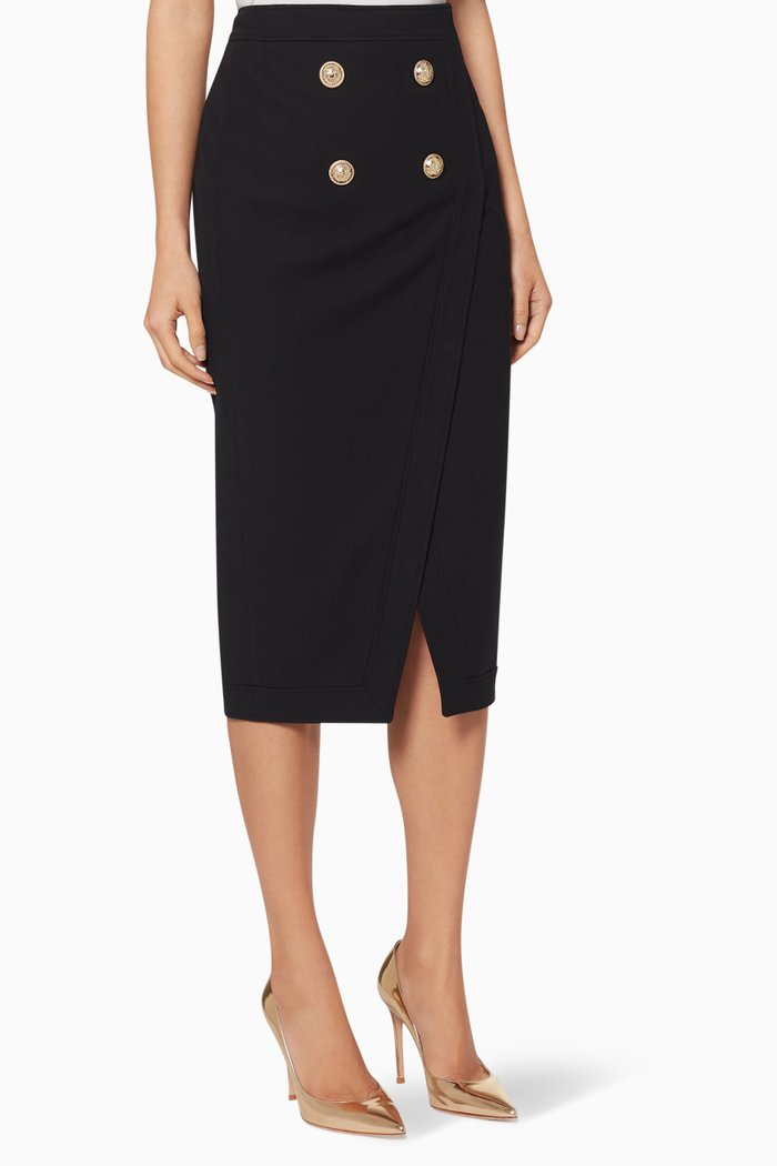 Button-Embellished Serge Skirt, Black
