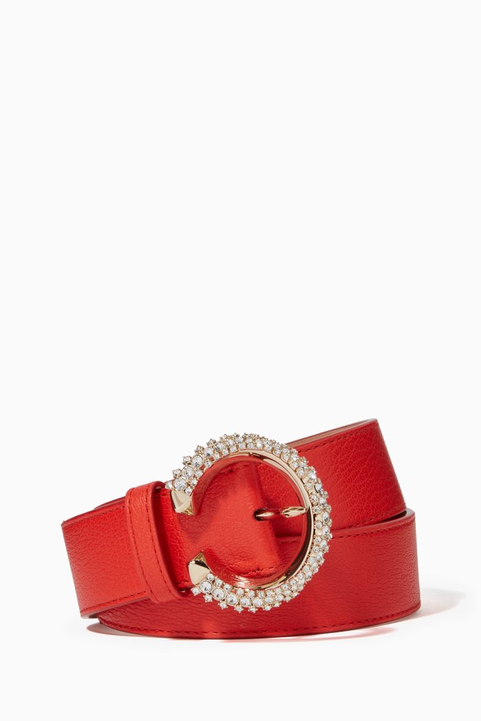 

Madeline Crystal Buckle Leather Belt, Red