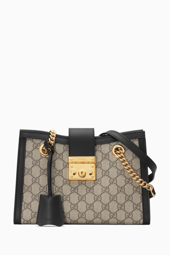 Padlock Small ShoulderTote Bag in Leather, Black