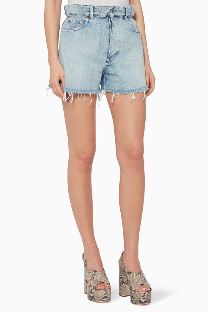 

Denim Frayed-Hem Shorts, Blue