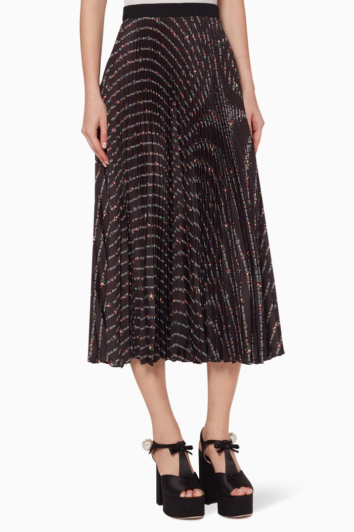 

Floral Logo Print Pleated Skirt, Black