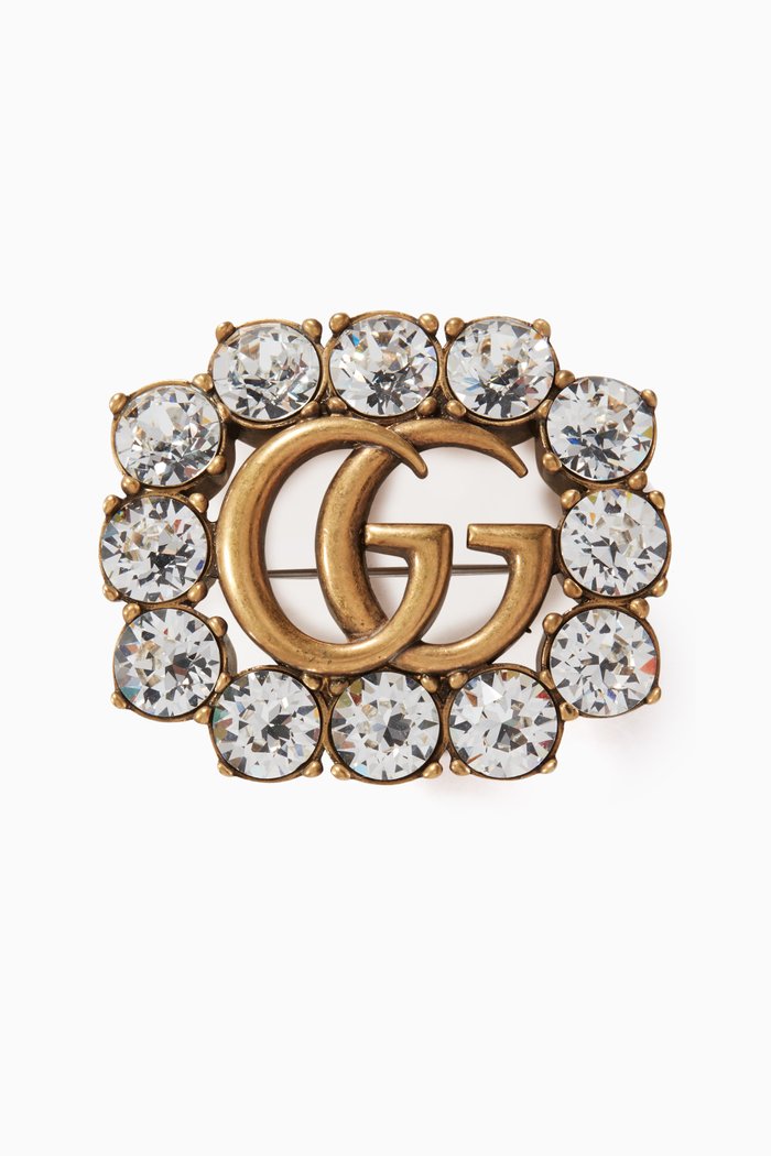 Double GG Crystal Brooch, Gold