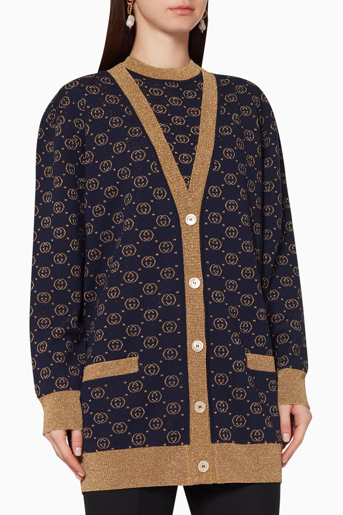 

Interlocking G Lamé Wool Cardigan, Blue