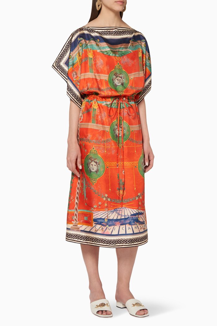 

Printed Silk Midi Dress, Orange