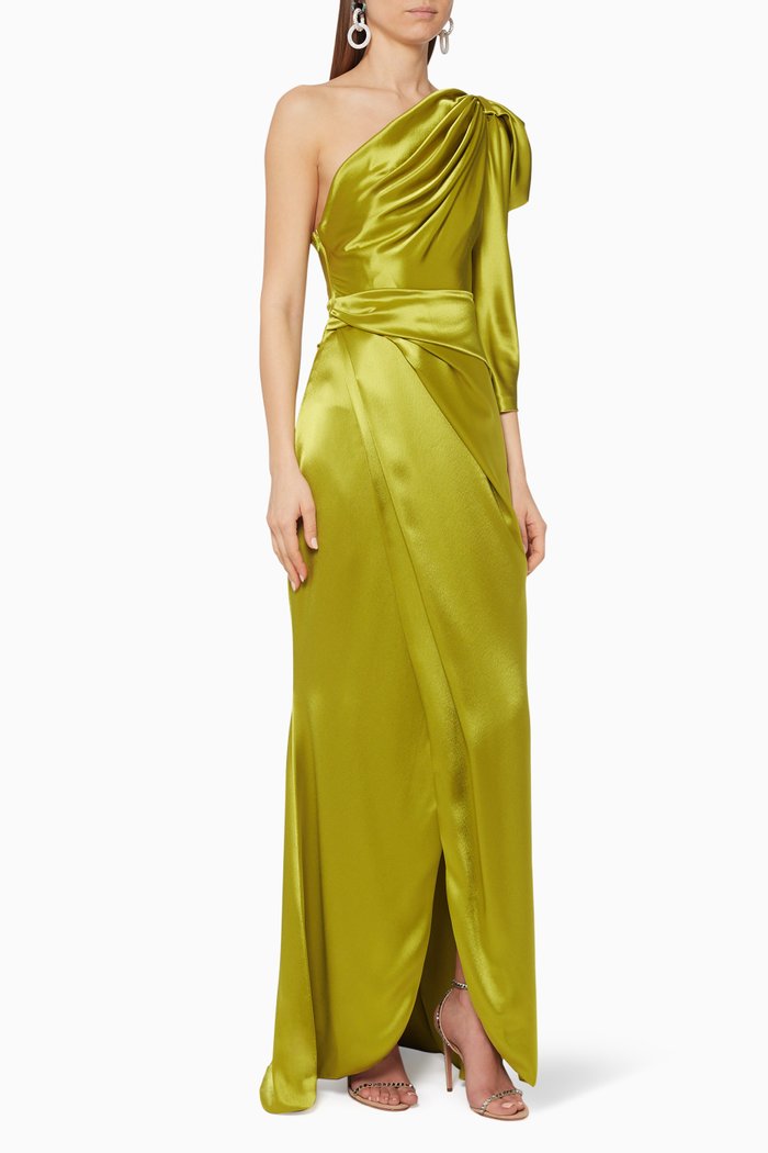 

One-Shoulder Satin Dress, Yellow