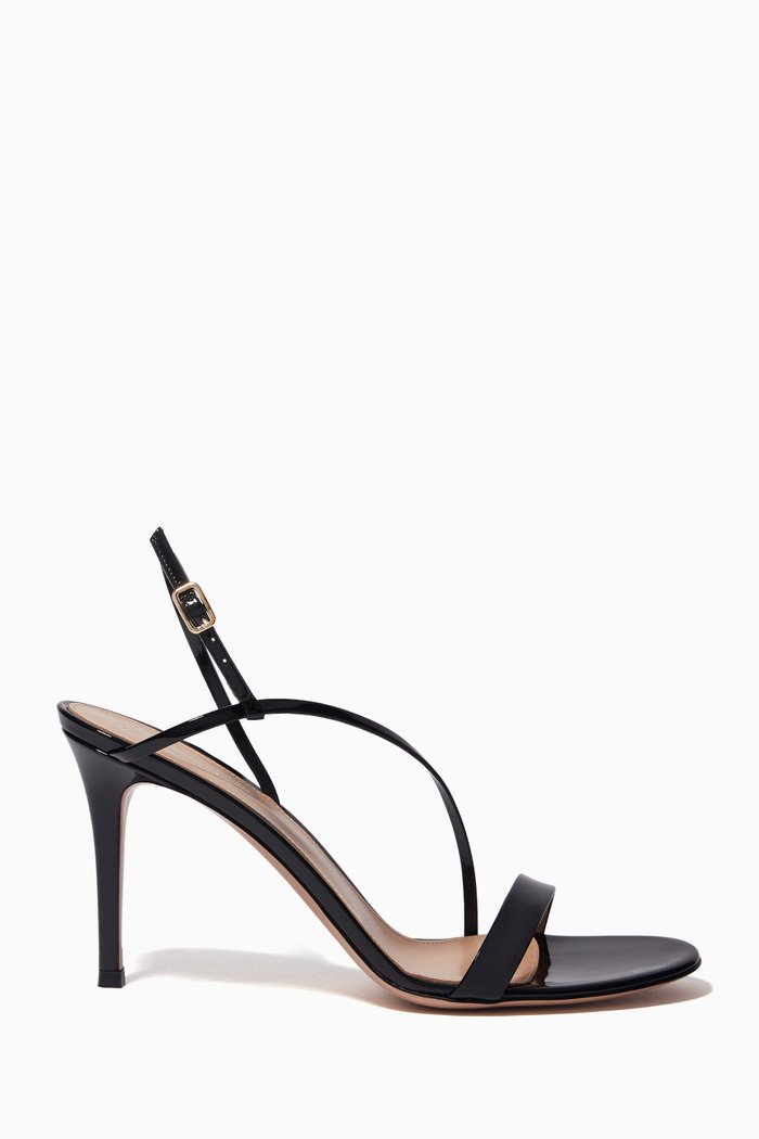 

Asymmetric Patent Leather Sandals, Black