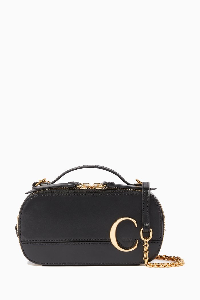 

C Logo Leather Vanity Bag, Black