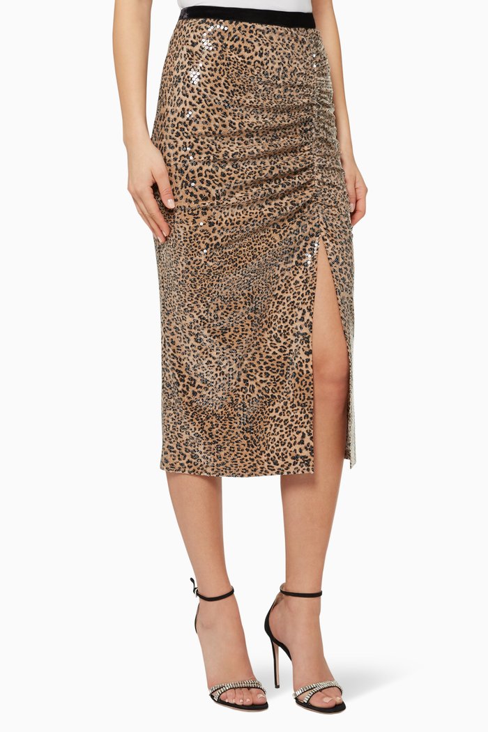 

Ada Leopard-Print Sequin Midi Skirt, Brown