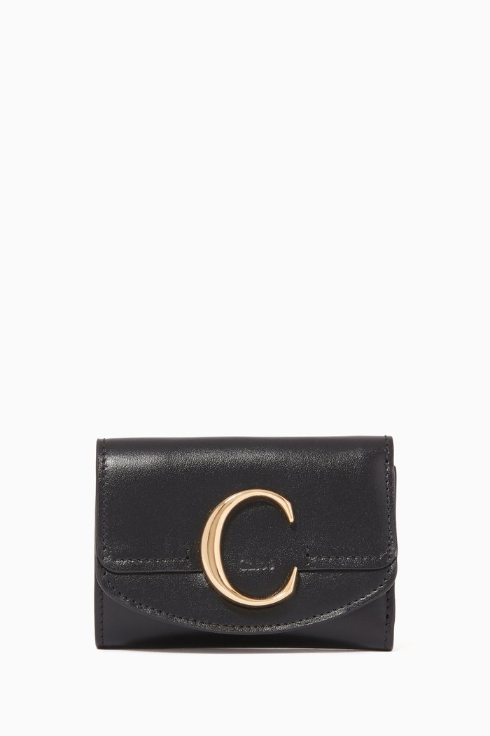 

Mini "C" Leather Tri-Fold Wallet, Black