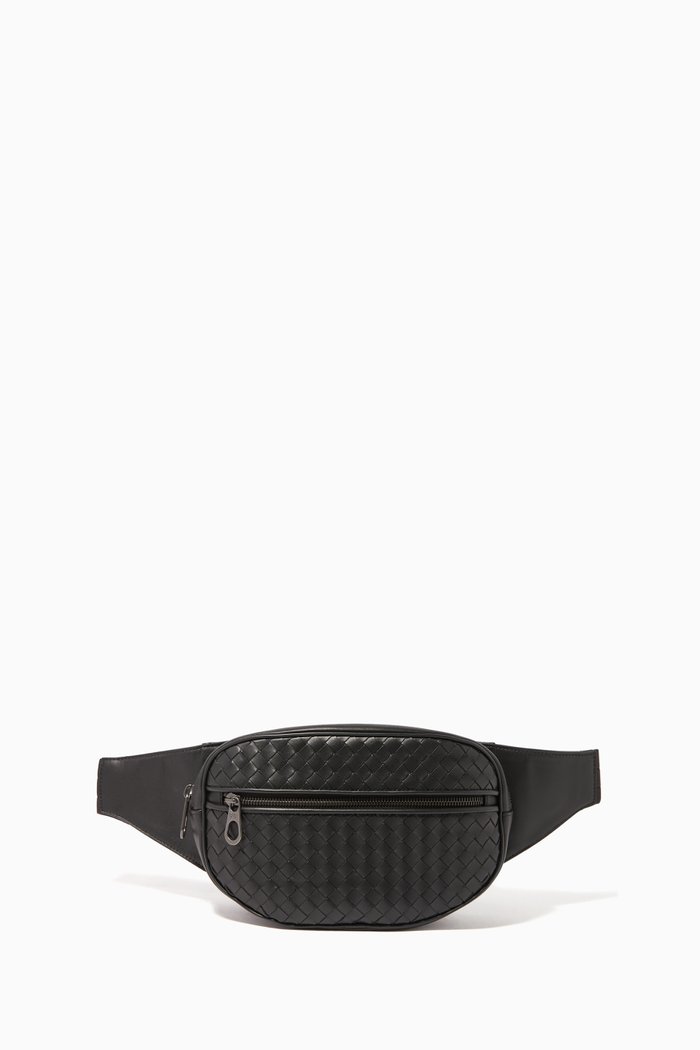 

Intrecciato Calf-Leather Belt Bag, Black