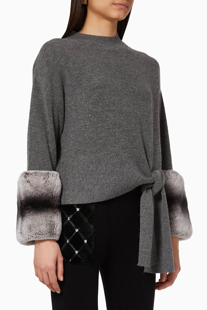 

Tie Detail Knit Sweater with Fur Cuffs, Grey