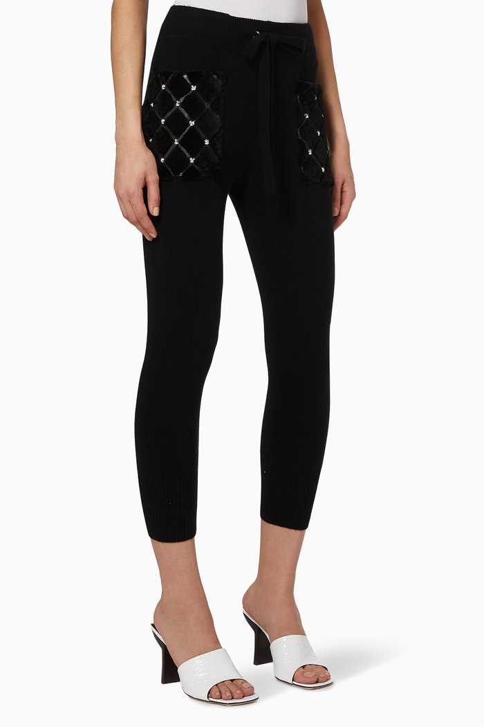 

Studded Fur Pocket Knit Pants, Black