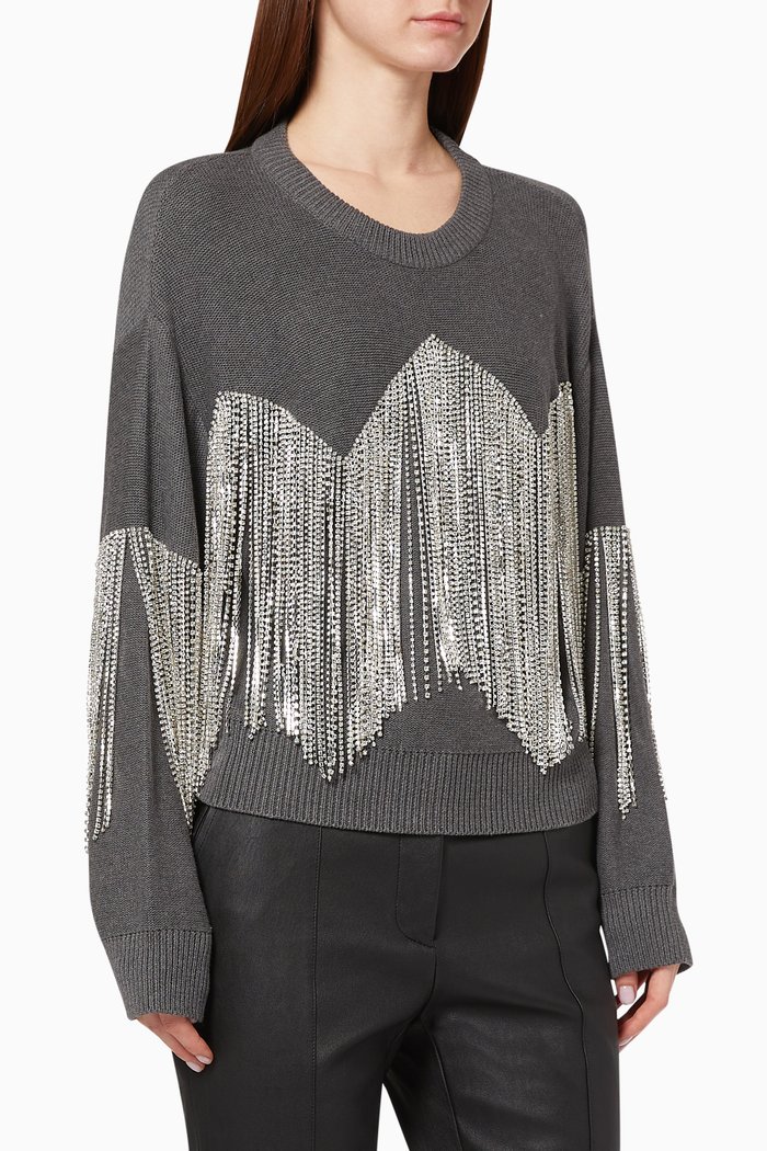 

Crystal Tassel Cropped Sweater, Grey