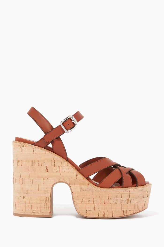 

Leather Cork Wedge Sandals, Brown