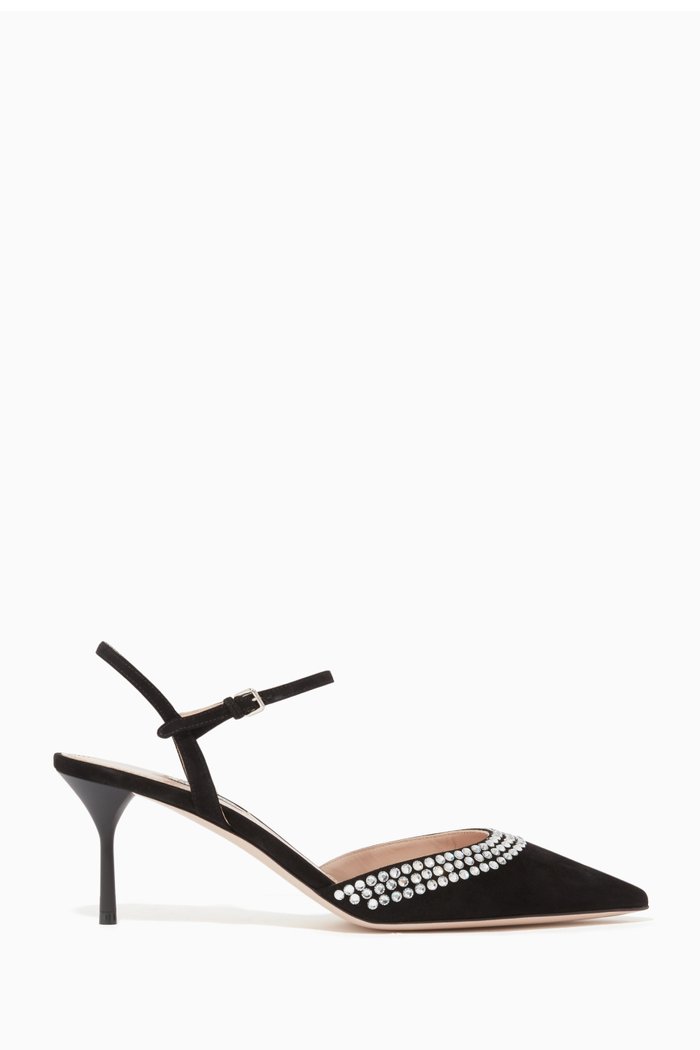 

Crystal-Embellished Suede Slingback Pumps, Black