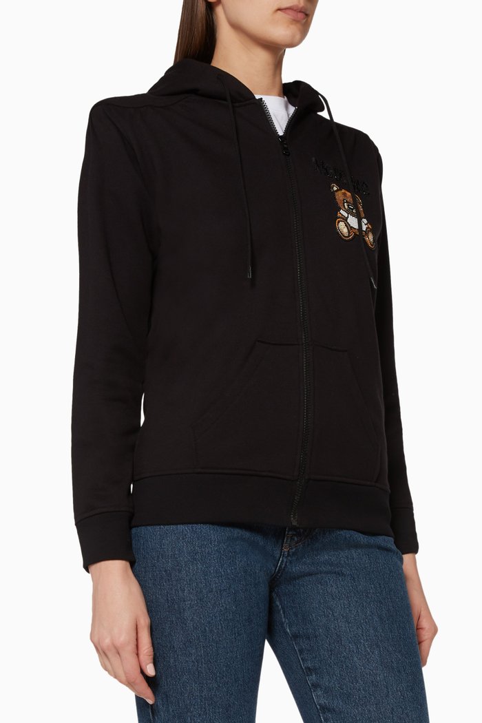 

Embroidered Teddy Fleece Hoodie, Black