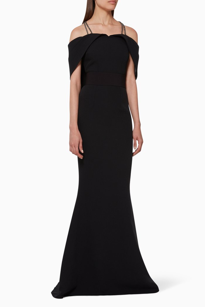 

Off-The-Shoulder Crepe Gown, Black