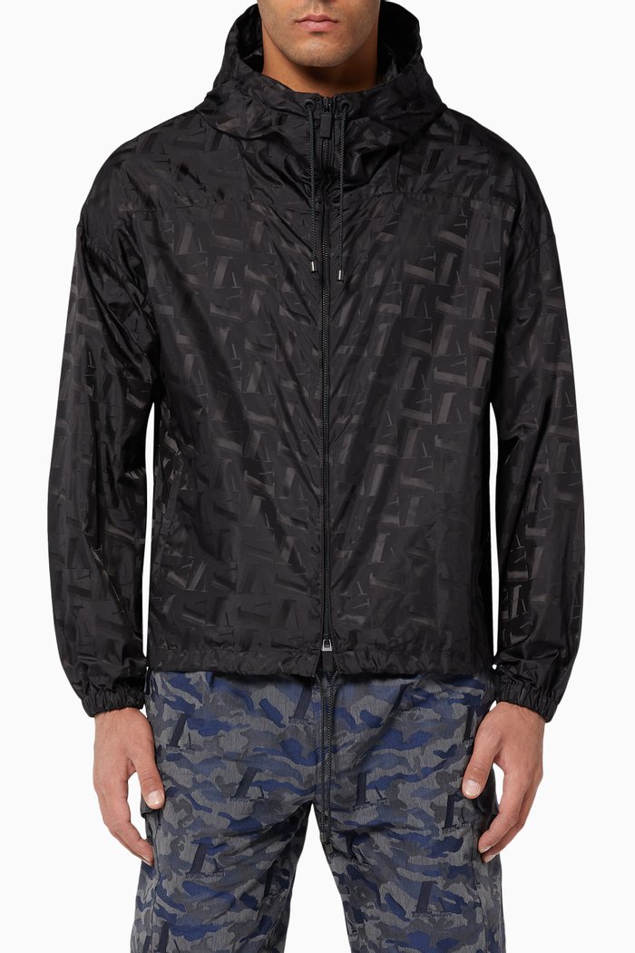 

Logo Print Hooded Windbreaker, Black