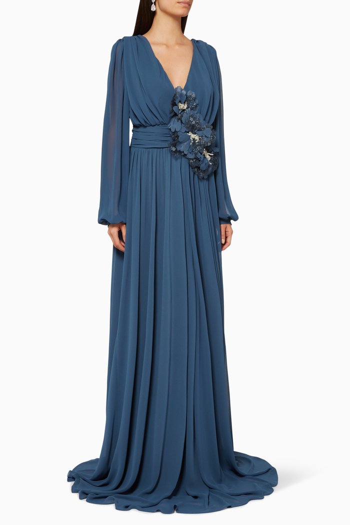 

Floral Appliqué Pleated Gown, Blue