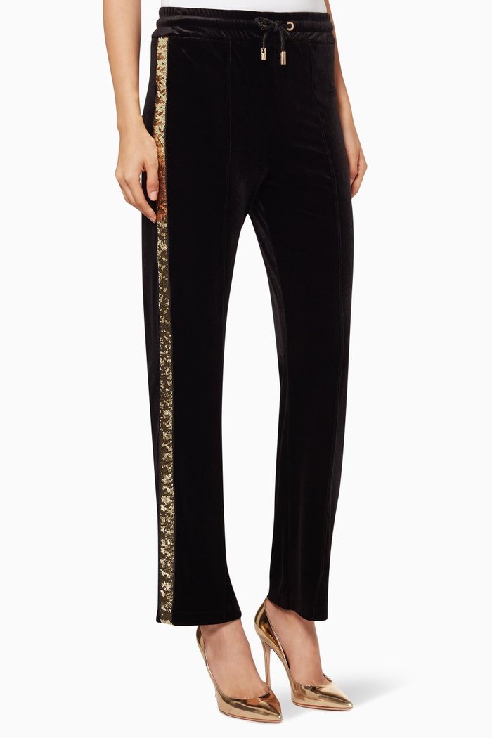 

Sequin-Trim Coulissed Velour Pants, Black