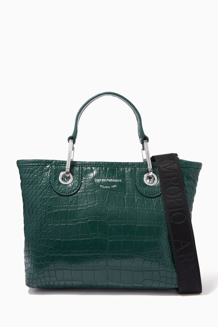 

Crocodile-Embossed Faux Leather Shopping Bag, Green