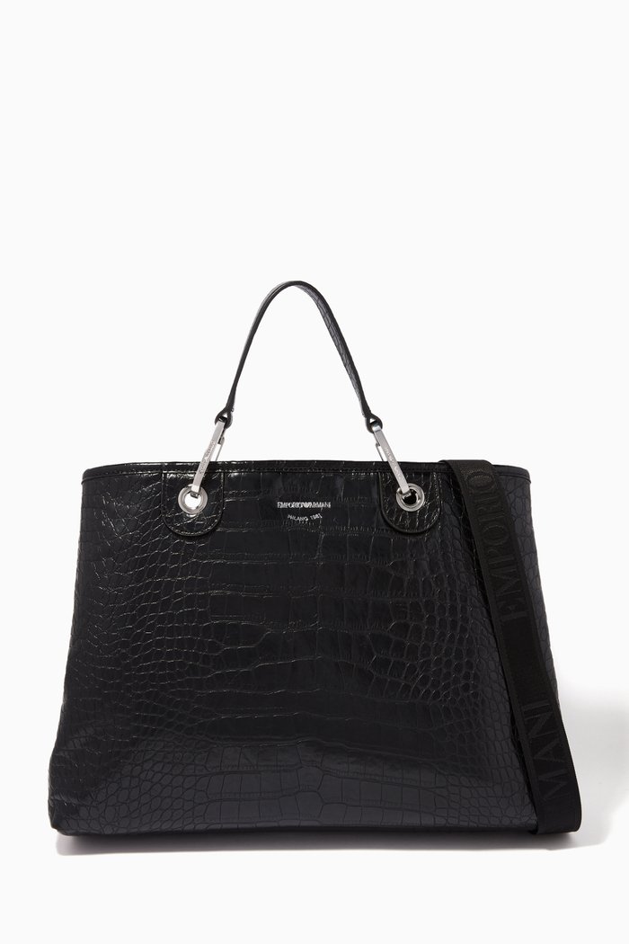 

Crocodile-Embossed Leather Bag, Black