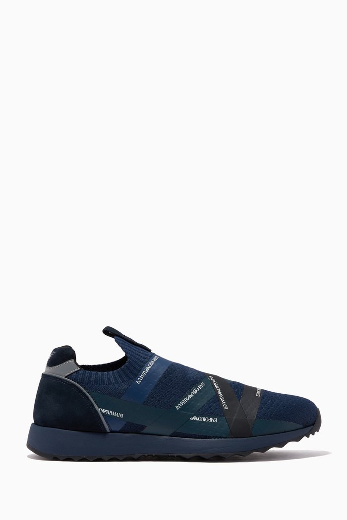 

Logo Tape Sneakers in Knit & Suede, Blue