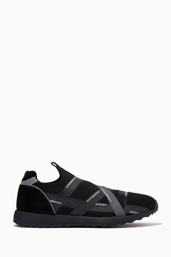 

Logo Tape Sneakers in Knit & Suede, Black