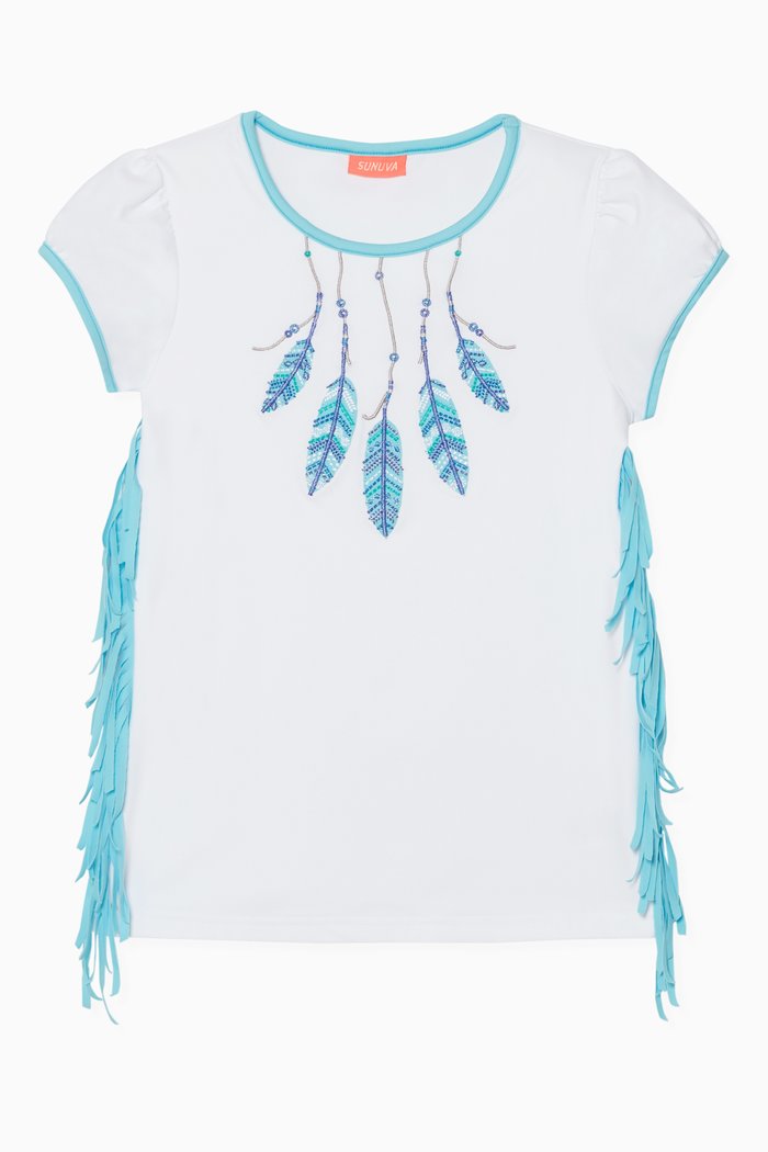 

Feather Print Fringed Rash Vest, White