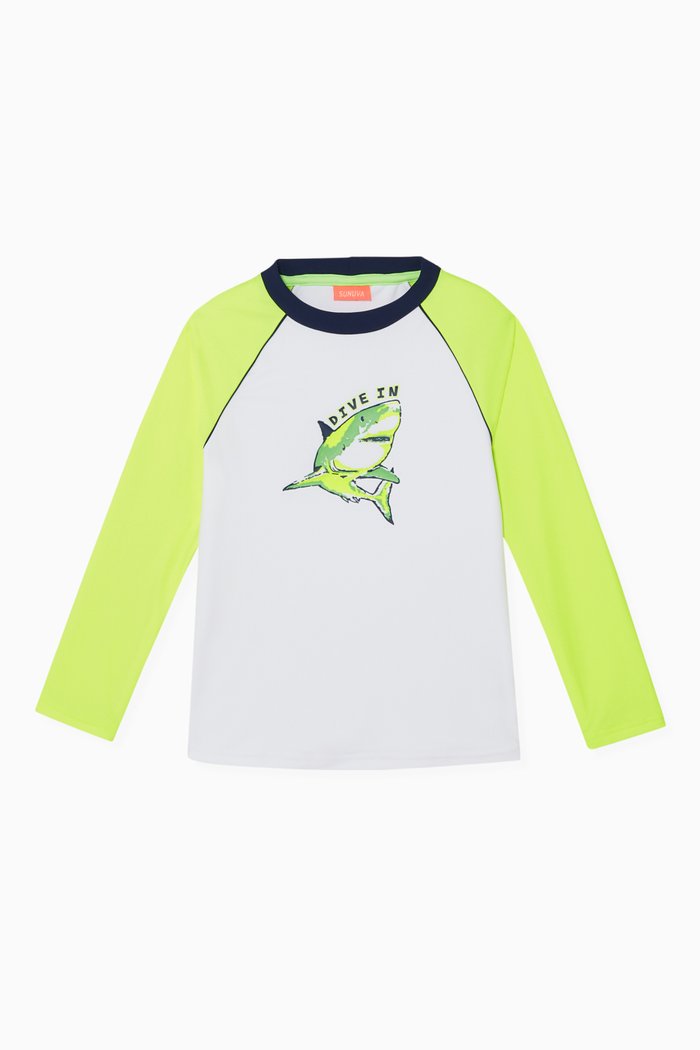 Neon Shark Print Rash Vest, White