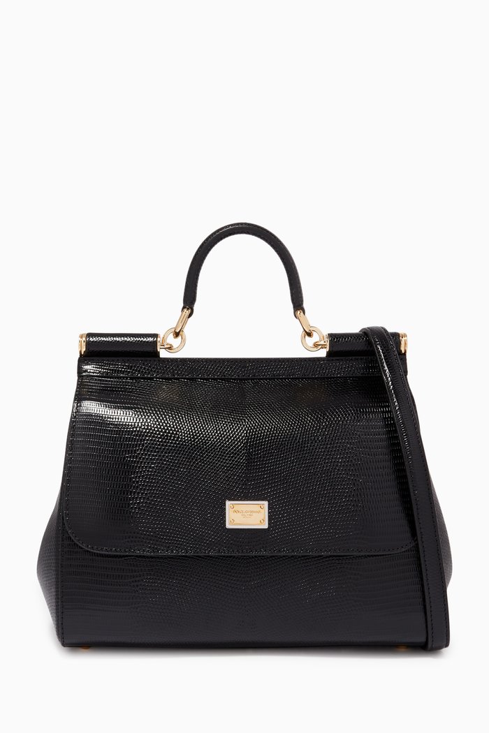 

Medium Sicily Bag in Iguana Printed Leather, Black